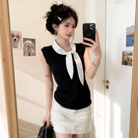 BY13197# 韩系穿搭蝴蝶结波点辣妹巨好看设计感收腰无袖上衣女 服裝批發女裝批發服飾貨源