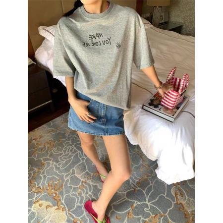 BY13198# 短袖t恤女夏季新款韩版宽松圆领休闲正肩印花上衣 服裝批發女裝批發服飾貨源