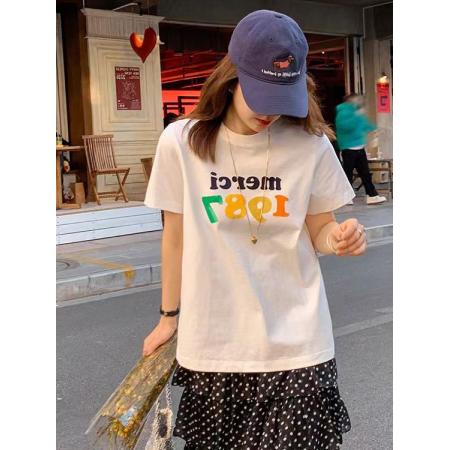BY13202# 短袖t恤女夏季新款韩版宽松圆领休闲正肩印花上衣 服裝批發女裝批發服飾貨源