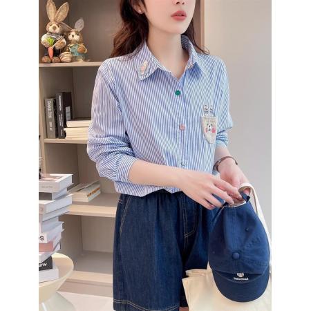 BY13207# 新款刺绣兔子针织口袋饰棉质衬衫翻领彩扣长袖宽松衬衫 服裝批發女裝批發服飾貨源