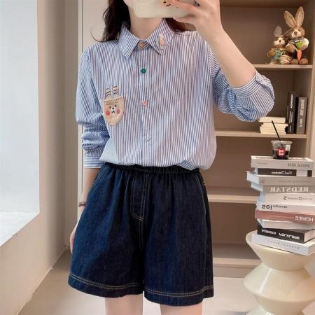 BY13207# 新款刺绣兔子针织口袋饰棉质衬衫翻领彩扣长袖宽松衬衫 服裝批發女裝批發服飾貨源