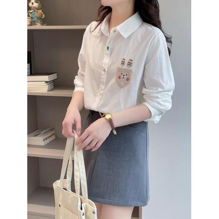 BY13207# 新款刺绣兔子针织口袋饰棉质衬衫翻领彩扣长袖宽松衬衫 服裝批發女裝批發服飾貨源