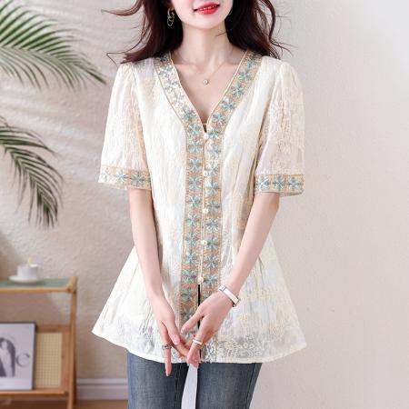 BY13208# 新中式国风休闲宽松上衣女春季新款高端V领显瘦百搭时尚衬衫 服裝批發女裝批發服飾貨源