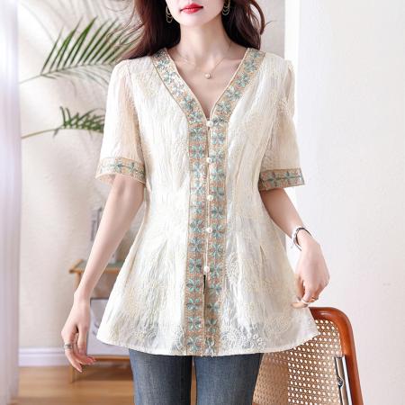 BY13208# 新中式国风休闲宽松上衣女春季新款高端V领显瘦百搭时尚衬衫 服裝批發女裝批發服飾貨源