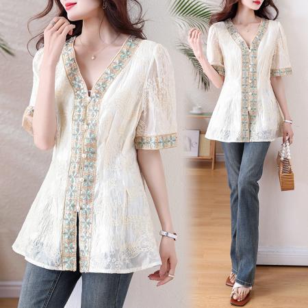 BY13208# 新中式国风休闲宽松上衣女春季新款高端V领显瘦百搭时尚衬衫 服裝批發女裝批發服飾貨源