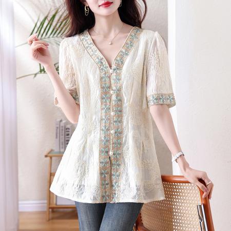 BY13208# 新中式国风休闲宽松上衣女春季新款高端V领显瘦百搭时尚衬衫 服裝批發女裝批發服飾貨源