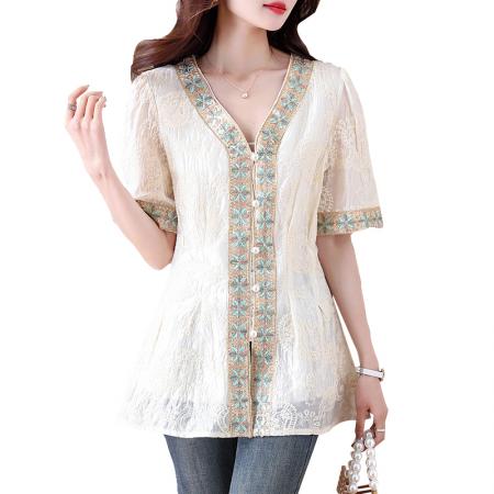 BY13208# 新中式国风休闲宽松上衣女春季新款高端V领显瘦百搭时尚衬衫 服裝批發女裝批發服飾貨源