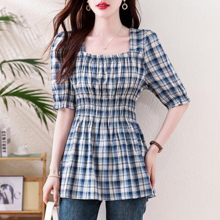 BY13209# 新款方领格纹夏季新款气质方领领复袖女 服裝批發女裝批發服飾貨源