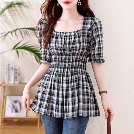 BY13209# 新款方领格纹夏季新款气质方领领复袖女 服裝批發女裝批發服飾貨源