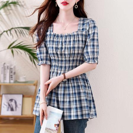 BY13209# 新款方领格纹夏季新款气质方领领复袖女 服裝批發女裝批發服飾貨源