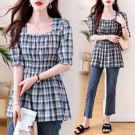 BY13209# 新款方领格纹夏季新款气质方领领复袖女 服裝批發女裝批發服飾貨源