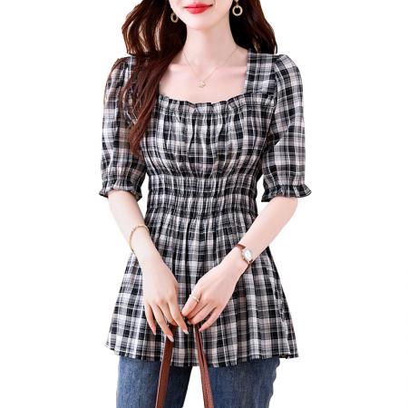 BY13209# 新款方领格纹夏季新款气质方领领复袖女 服裝批發女裝批發服飾貨源