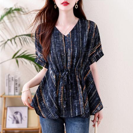 BY13210# 大码设计感小众系带收腰短袖衬衫女夏胖MM遮肉显瘦不规则雪纺上衣 服裝批發女裝批發服飾貨源