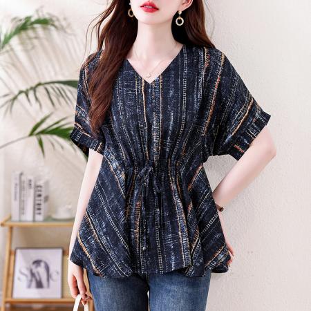 BY13210# 大码设计感小众系带收腰短袖衬衫女夏胖MM遮肉显瘦不规则雪纺上衣 服裝批發女裝批發服飾貨源