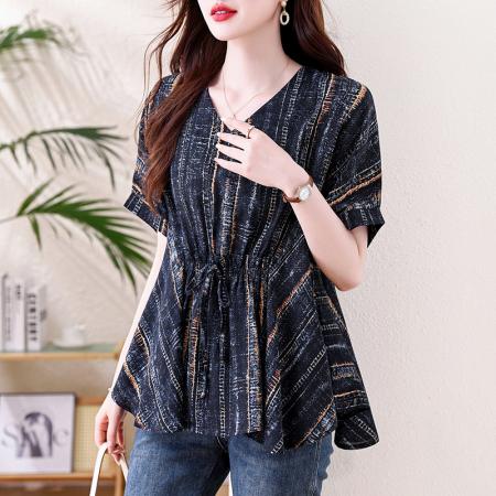BY13210# 大码设计感小众系带收腰短袖衬衫女夏胖MM遮肉显瘦不规则雪纺上衣 服裝批發女裝批發服飾貨源