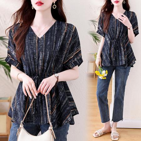 BY13210# 大码设计感小众系带收腰短袖衬衫女夏胖MM遮肉显瘦不规则雪纺上衣 服裝批發女裝批發服飾貨源