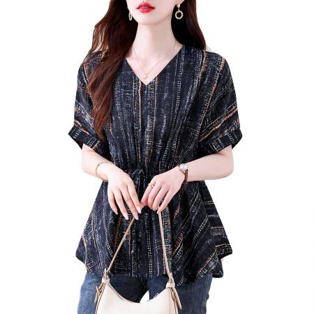 BY13210# 大码设计感小众系带收腰短袖衬衫女夏胖MM遮肉显瘦不规则雪纺上衣 服裝批發女裝批發服飾貨源