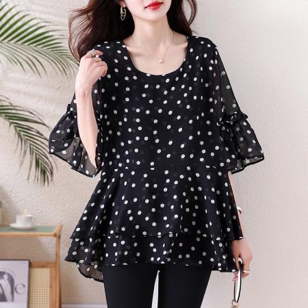 BY13211# 新款大码女装雪纺衫休闲时尚胖妹妹显瘦宽松韩版百搭上衣遮肉夏 服裝批發女裝批發服飾貨源