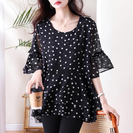 BY13211# 新款大码女装雪纺衫休闲时尚胖妹妹显瘦宽松韩版百搭上衣遮肉夏 服裝批發女裝批發服飾貨源