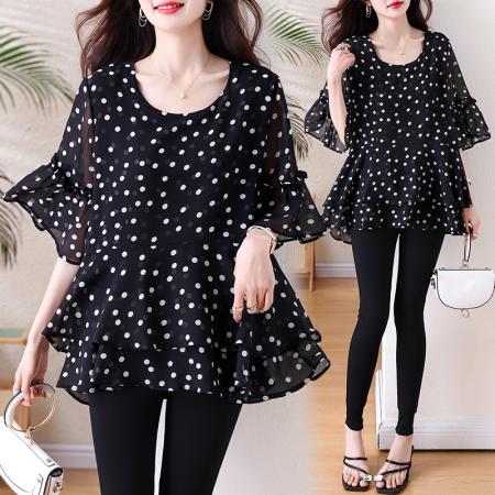 BY13211# 新款大码女装雪纺衫休闲时尚胖妹妹显瘦宽松韩版百搭上衣遮肉夏 服裝批發女裝批發服飾貨源