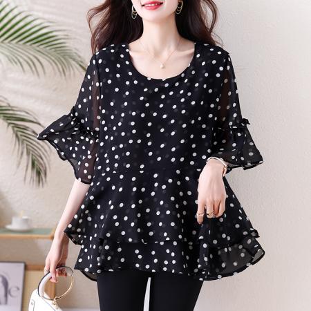 BY13211# 新款大码女装雪纺衫休闲时尚胖妹妹显瘦宽松韩版百搭上衣遮肉夏 服裝批發女裝批發服飾貨源