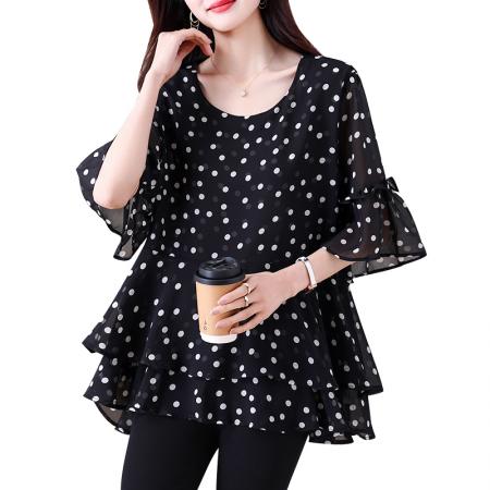 BY13211# 新款大码女装雪纺衫休闲时尚胖妹妹显瘦宽松韩版百搭上衣遮肉夏 服裝批發女裝批發服飾貨源