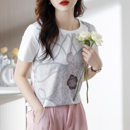 BY13212# 优雅印花短袖T恤女夏季新款气质洋气百搭显瘦上衣 服裝批發女裝批發服飾貨源