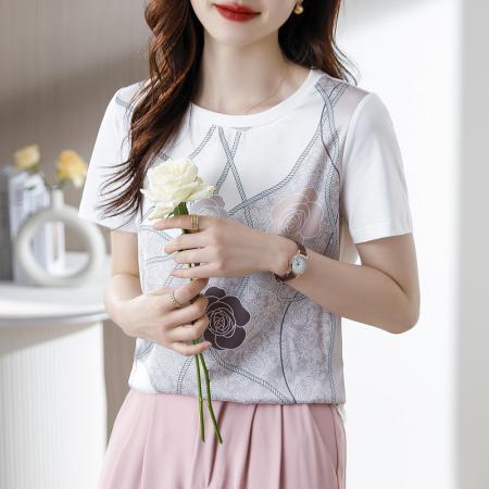 BY13212# 优雅印花短袖T恤女夏季新款气质洋气百搭显瘦上衣 服裝批發女裝批發服飾貨源