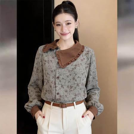 BY13214# 韩系方领镶边长袖衬衫上衣女春季气质宽松正肩衬衣 服裝批發女裝批發服飾貨源