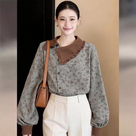 BY13214# 韩系方领镶边长袖衬衫上衣女春季气质宽松正肩衬衣 服裝批發女裝批發服飾貨源