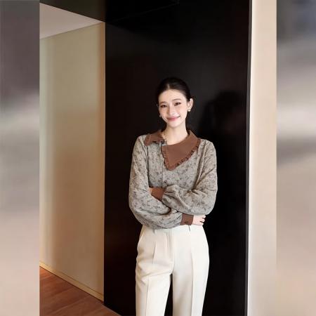 BY13214# 韩系方领镶边长袖衬衫上衣女春季气质宽松正肩衬衣 服裝批發女裝批發服飾貨源