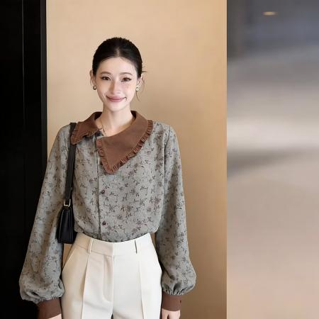 BY13214# 韩系方领镶边长袖衬衫上衣女春季气质宽松正肩衬衣 服裝批發女裝批發服飾貨源