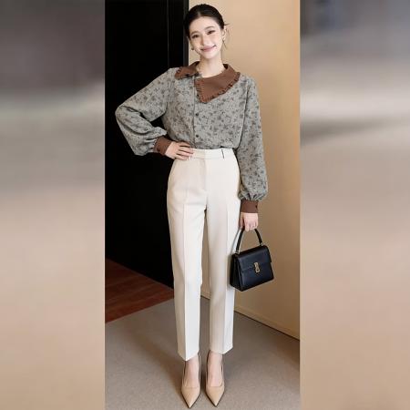 BY13214# 韩系方领镶边长袖衬衫上衣女春季气质宽松正肩衬衣 服裝批發女裝批發服飾貨源