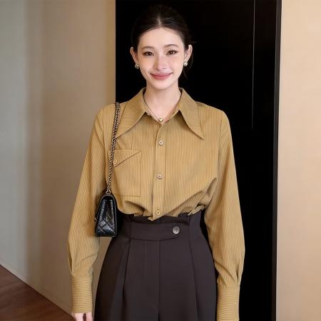 BY13215# 法式条纹长袖衬衫上衣女新款春季气质通勤宽松衬衣 服裝批發女裝批發服飾貨源