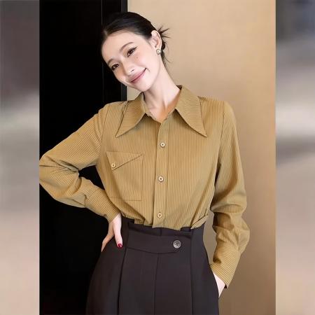 BY13215# 法式条纹长袖衬衫上衣女新款春季气质通勤宽松衬衣 服裝批發女裝批發服飾貨源