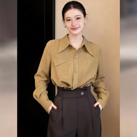 BY13215# 法式条纹长袖衬衫上衣女新款春季气质通勤宽松衬衣 服裝批發女裝批發服飾貨源