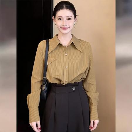 BY13215# 法式条纹长袖衬衫上衣女新款春季气质通勤宽松衬衣 服裝批發女裝批發服飾貨源
