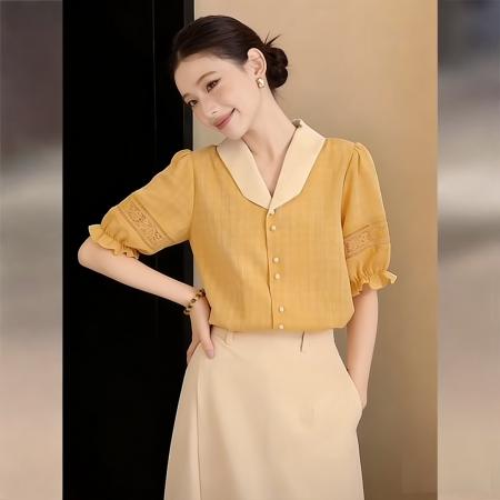 BY13216# 法式橙色V领拼色短袖衬衫女春夏通勤百搭宽松显瘦上衣 服裝批發女裝批發服飾貨源