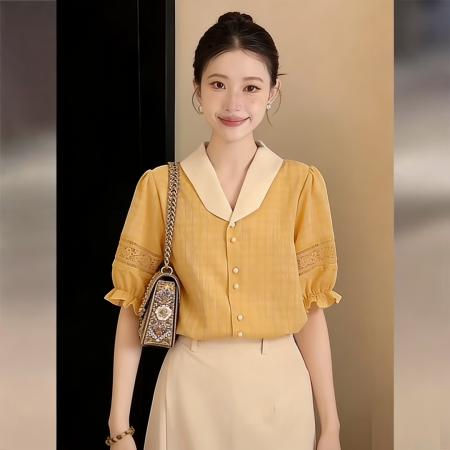 BY13216# 法式橙色V领拼色短袖衬衫女春夏通勤百搭宽松显瘦上衣 服裝批發女裝批發服飾貨源