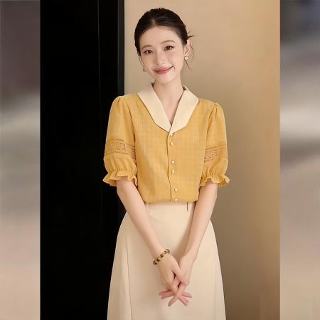 BY13216# 法式橙色V领拼色短袖衬衫女春夏通勤百搭宽松显瘦上衣 服裝批發女裝批發服飾貨源