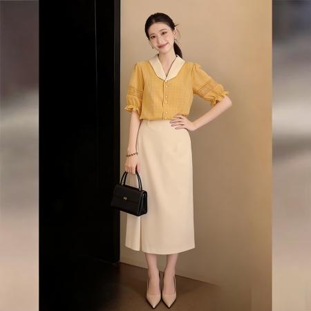 BY13216# 法式橙色V领拼色短袖衬衫女春夏通勤百搭宽松显瘦上衣 服裝批發女裝批發服飾貨源