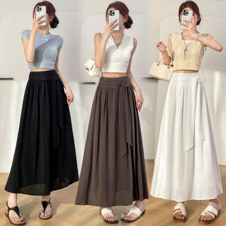 BY13218# 春夏新款松弛感系带半身裙慵懒风高腰气质大摆裙A字长裙 服裝批發女裝批發服飾貨源