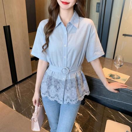BY13219# 夏季新款蕾丝拼接翻领衬衫女设计感气质收腰显瘦开衫上衣 服裝批發女裝批發服飾貨源