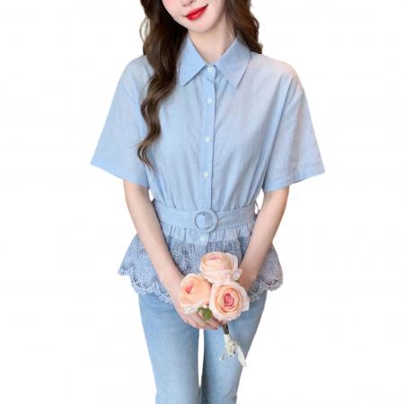 BY13219# 夏季新款蕾丝拼接翻领衬衫女设计感气质收腰显瘦开衫上衣 服裝批發女裝批發服飾貨源