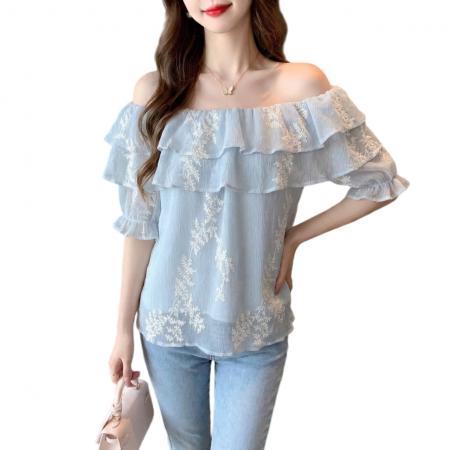 BY13220# 夏季新款漂亮荷叶边一字肩雪纺衬衫女遮肚子褶皱短袖上衣 服裝批發女裝批發服飾貨源