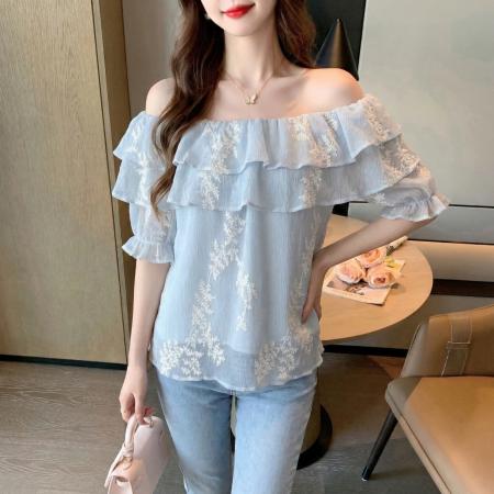 BY13220# 夏季新款漂亮荷叶边一字肩雪纺衬衫女遮肚子褶皱短袖上衣 服裝批發女裝批發服飾貨源