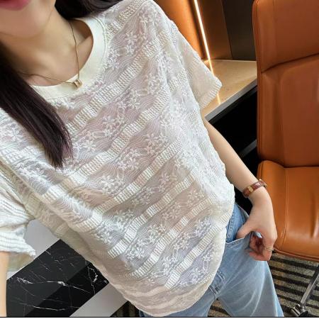 BY13222# 提花刺绣针织短袖t恤女夏季气质上衣设计感小众 服裝批發女裝批發服飾貨源