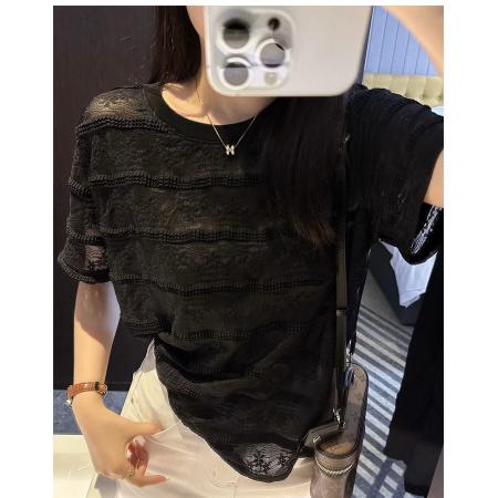 BY13222# 提花刺绣针织短袖t恤女夏季气质上衣设计感小众 服裝批發女裝批發服飾貨源