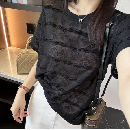 BY13222# 提花刺绣针织短袖t恤女夏季气质上衣设计感小众 服裝批發女裝批發服飾貨源