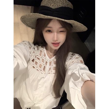 BY13223# 编织水溶绣领复古荷叶边衬衫女+亚麻短裤套装 服裝批發女裝批發服飾貨源